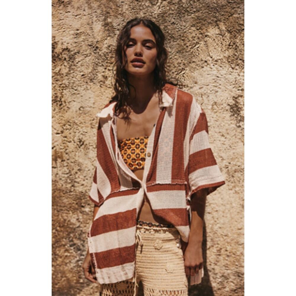We The Free Del Mar Cabana Striped Button Down Shirt Size Small EUC Sheer